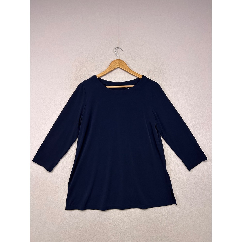 Minimalist Susan Graver Womens Medium Navy Blue Liquid Knit Back Pleat Tunic Top